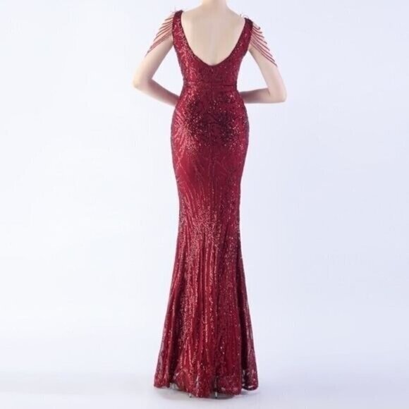 Red, Geo Print, Ostrich Feather V Neck, Beaded Sleeves, Sequined Mermaid Gown - Picture 9 of 14